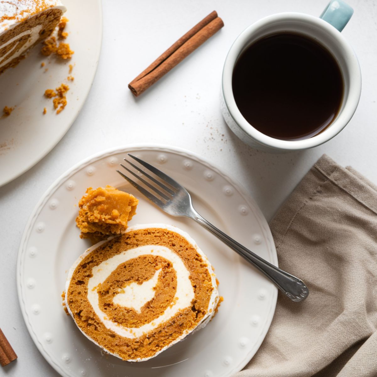 A slice of homemade pumpkin roll cake with a creamy swirl filling on a white plate, accompanied by a fork, a cup of black coffee, and cinnamon sticks on a white kitchen counter. A beige linen napkin adds a cozy touch.