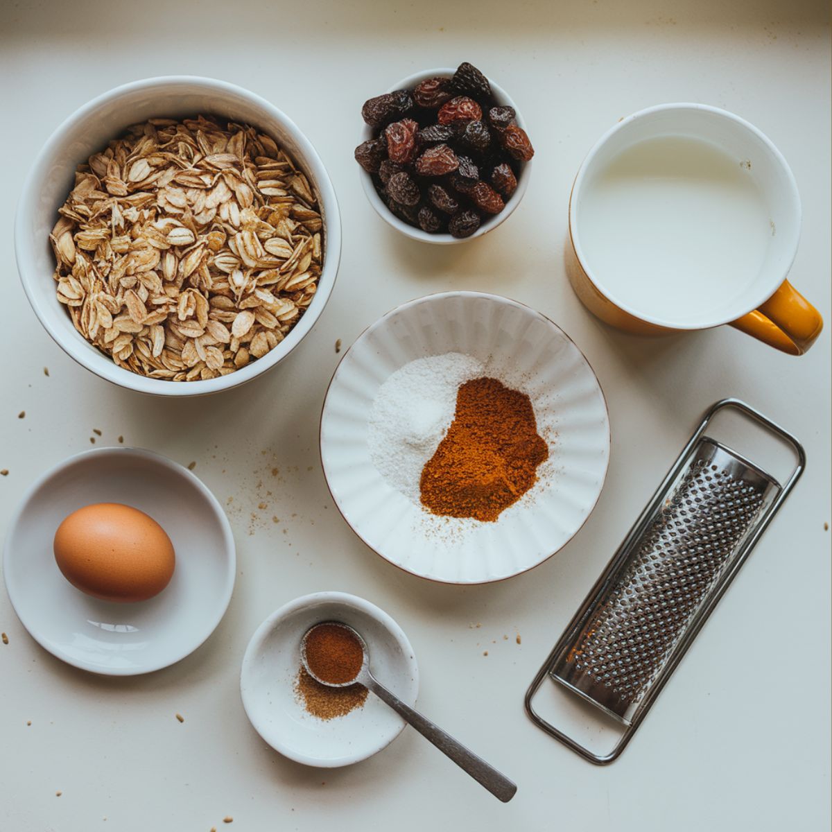 Raisin bran muffins recipe ingredients, including wheat bran, raisins, buttermilk, an egg, brown sugar, and cinnamon, casually arranged on a kitchen counter.