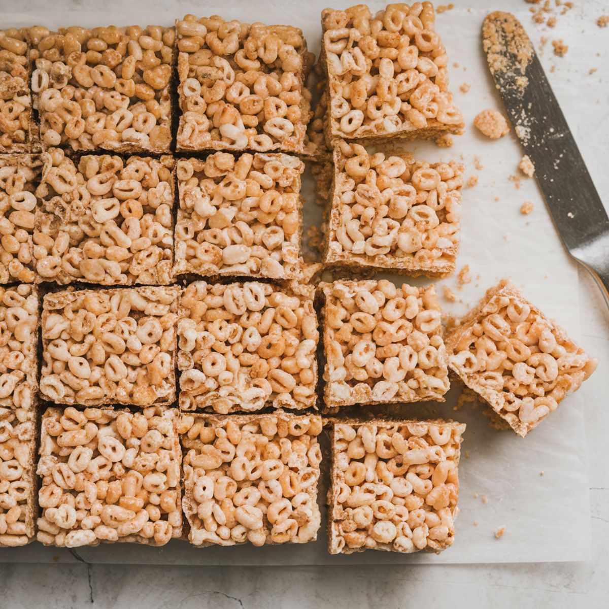 Freshly cut homemade Rice Krispie treats on a white kitchen counter, with a butter knife and crumbs beside them.