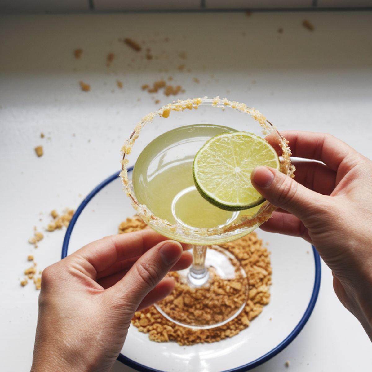 A martini glass being rimmed with lime juice and dipped into crushed graham crackers on a white kitchen counter.