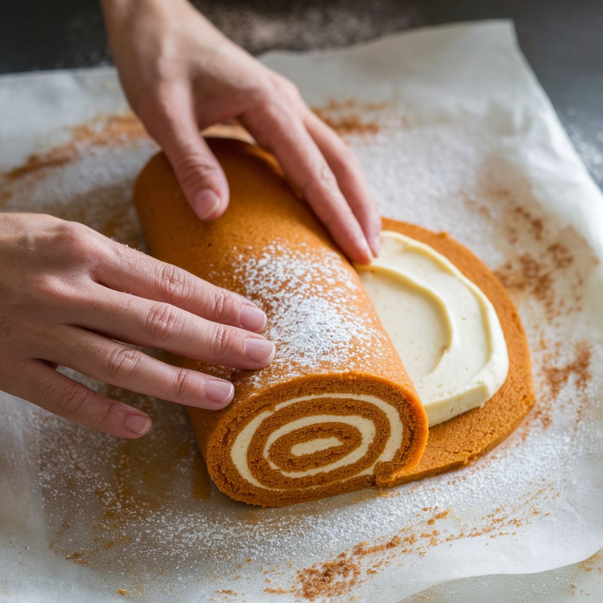 Hands rolling a Libby's Pumpkin Roll with creamy filling on parchment paper, dusted with powdered sugar