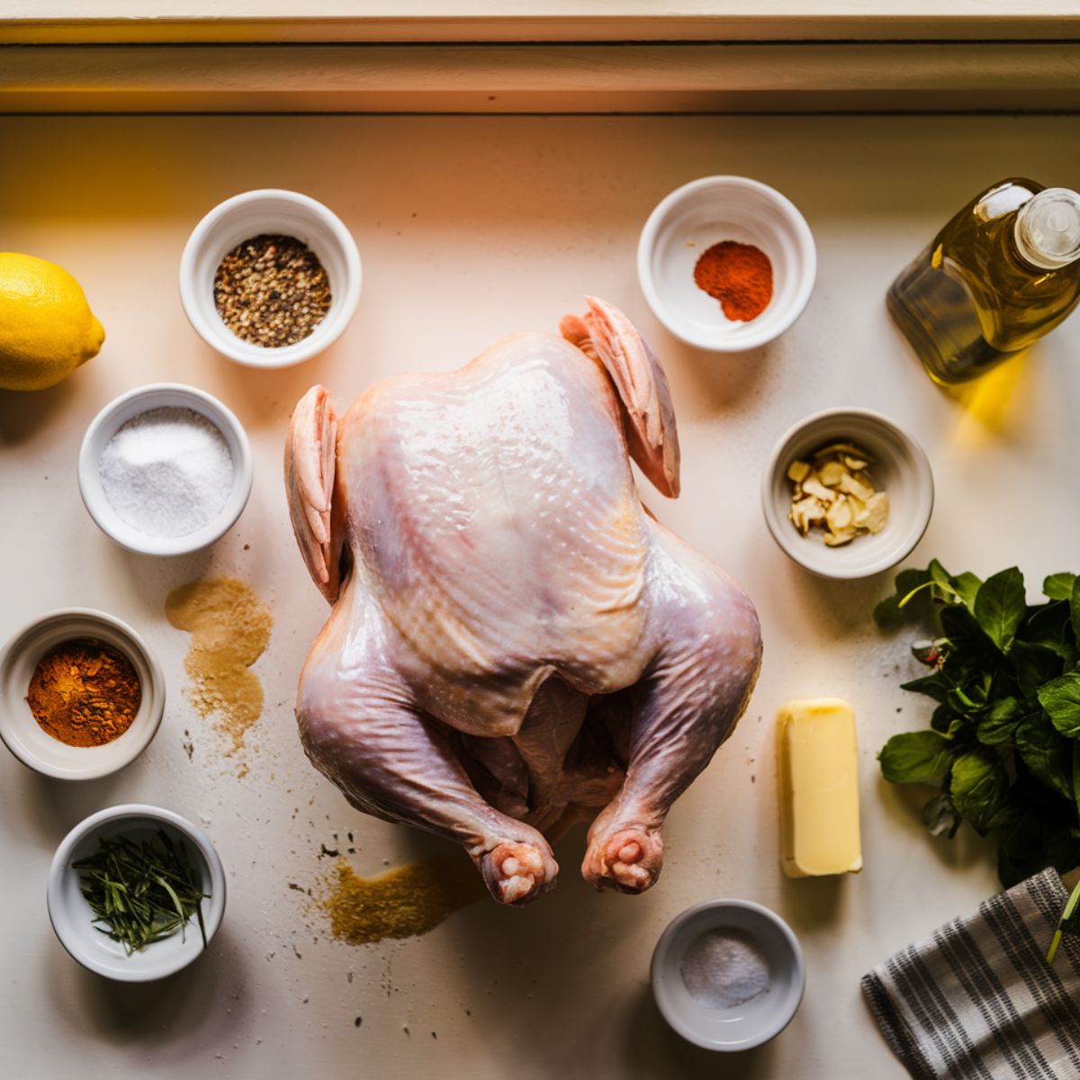 rotisserie chicken ingredients including whole chicken on a white kitchen counter, surrounded by bowls of seasonings, fresh herbs, a lemon, butter, and olive oil.