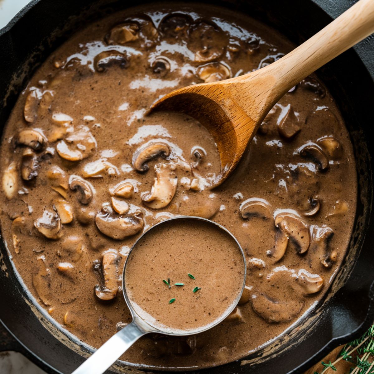 Rich mushroom-onion gravy bubbling in a cast-iron skillet with a wooden spoon stirring, taken from an overhead angle.