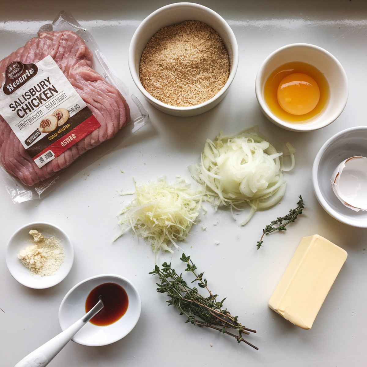 Overhead shot of fresh ingredients for Salisbury steak recipe with ground chicken, including ground chicken, breadcrumbs, egg, garlic, grated onions, and seasonings on a white kitchen counter.