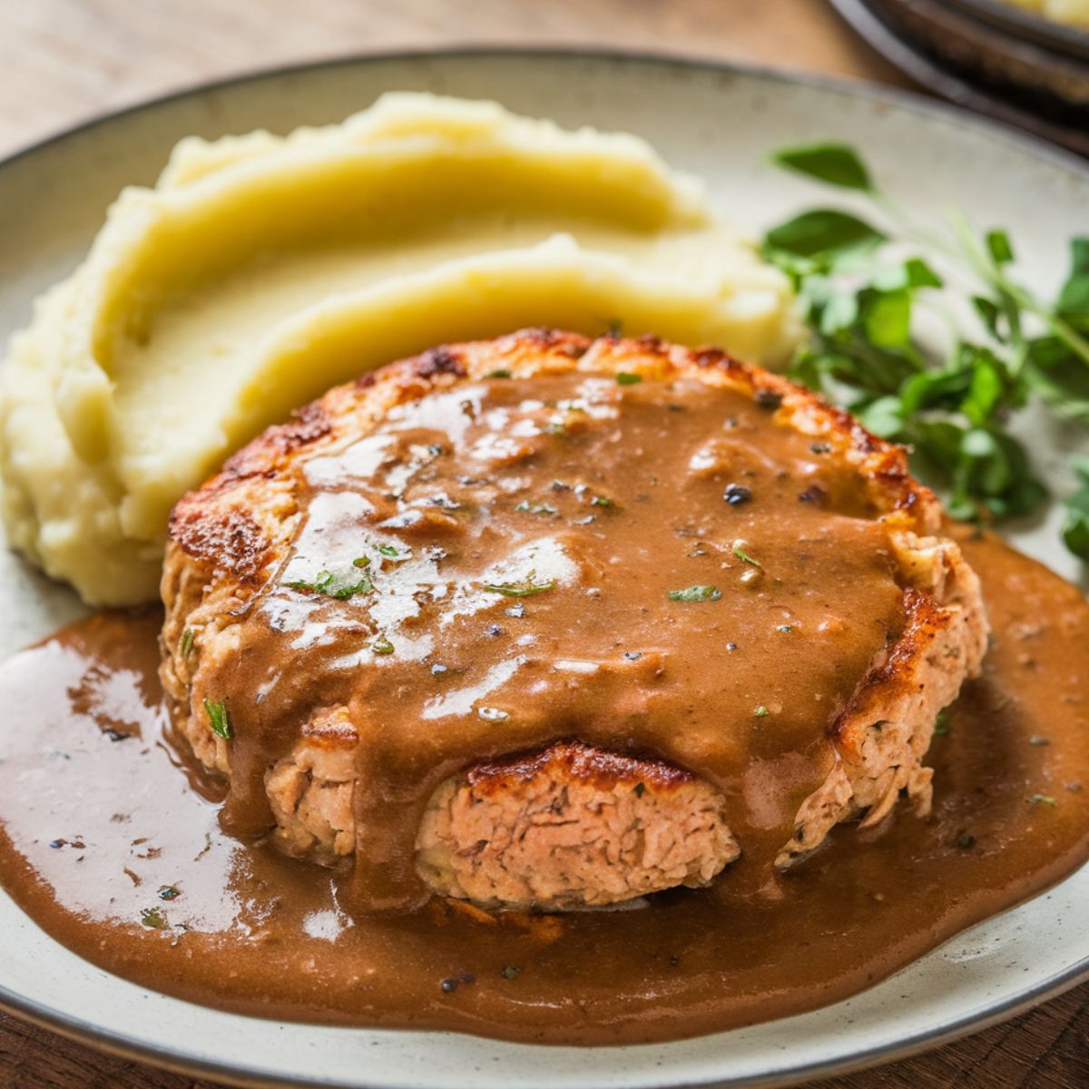 Homemade Salisbury steak made with ground chicken, covered in rich sauce, served with mashed potatoes and green beans on a white plate.