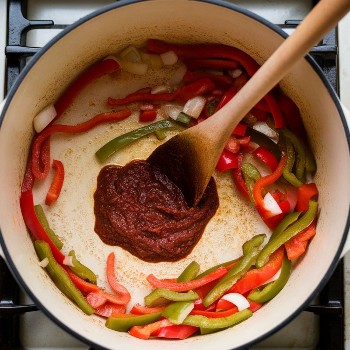 A Dutch oven with onions, bell peppers, and celery sautéing in sausage drippings, with a wooden spoon stirring them and tomato paste darkening in the mix.