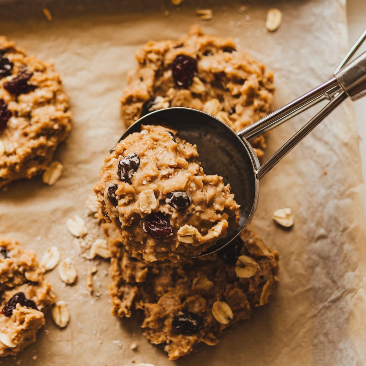 A cookie scoop dropping textured oatmeal cookie dough onto a parchment-lined baking sheet, with visible oats and raisins.