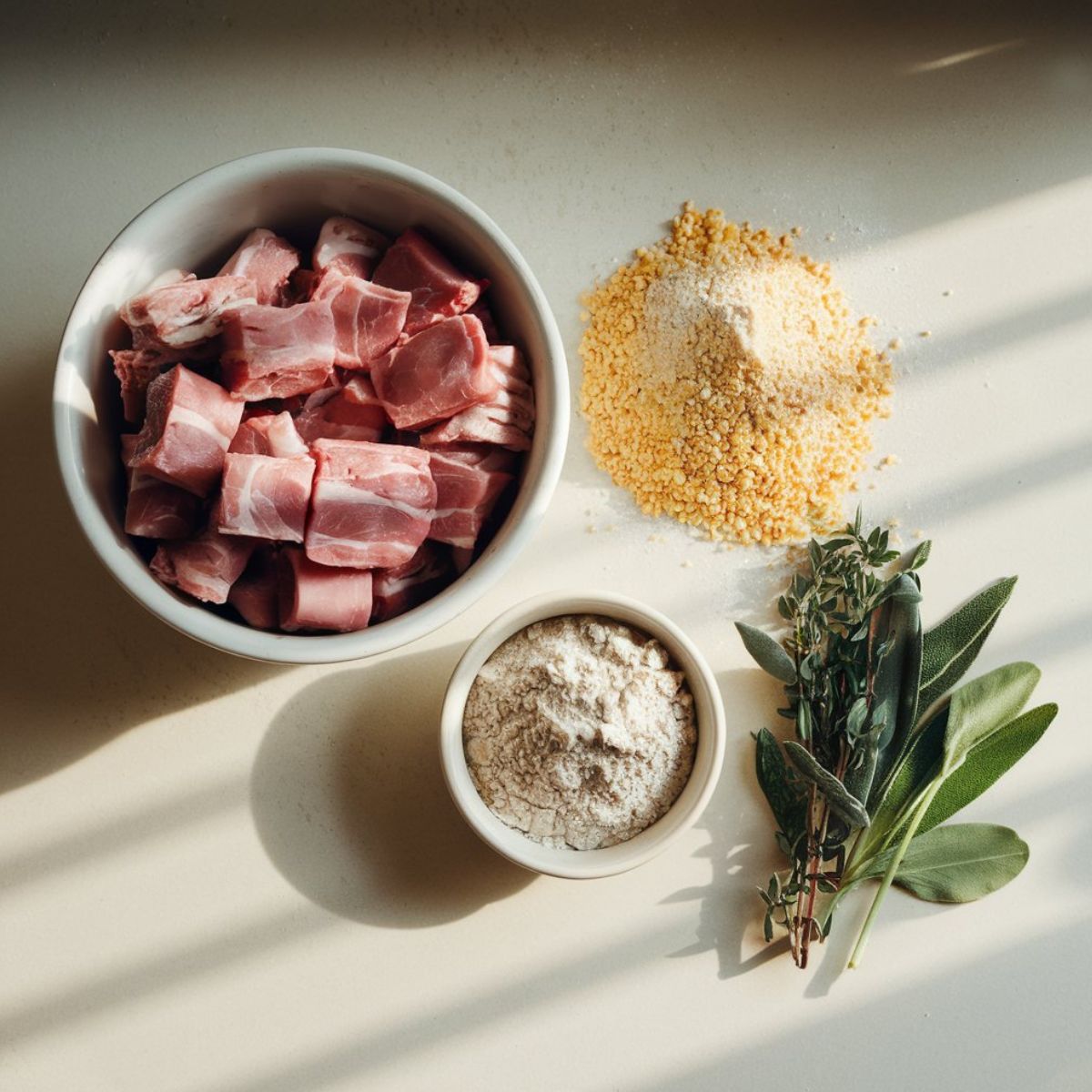 Overhead view of raw scrapple recipe ingredients including pork, cornmeal, buckwheat flour, and fresh herbs on a white kitchen counter.