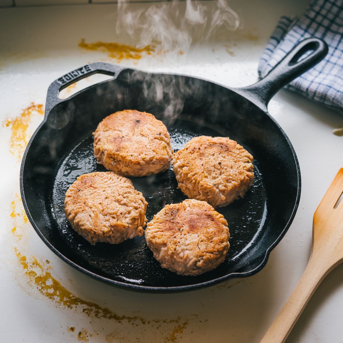 Golden brown ground chicken patties sizzling in a cast iron skillet, with steam rising and a wooden spatula nearby.