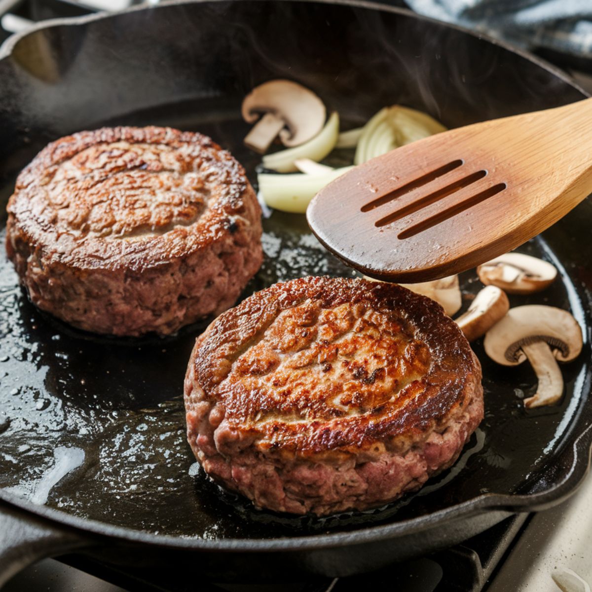 Close-up of a Salisbury steak patty browning in a cast-iron skillet with sautéing onions and mushrooms on a stovetop.