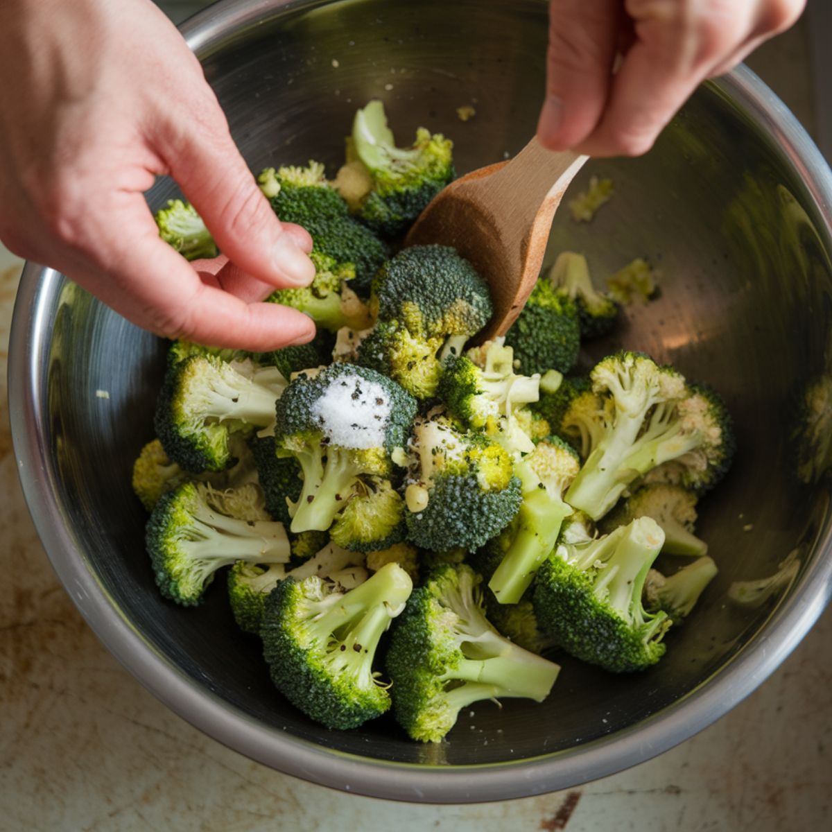 Broccoli florets being tossed with olive oil, salt, and pepper in a mixing bowl, with a home cook's hands visible.