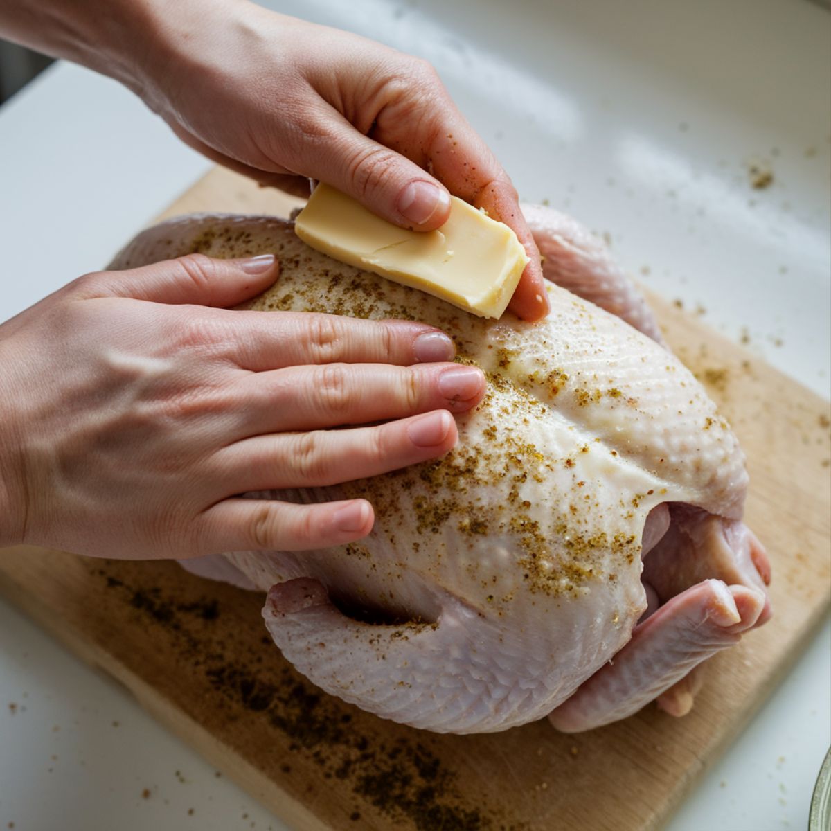 Hands rubbing butter and spices onto a raw whole chicken on a white kitchen counter, with seasonings and fresh herbs nearby.