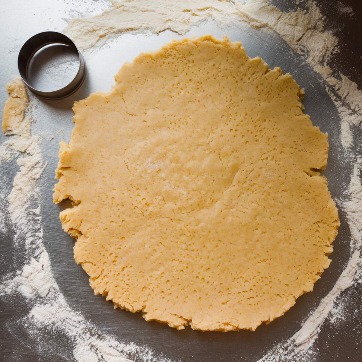 A top-down view of raw shortcake dough being gently shaped on a floured surface, with a biscuit cutter nearby.