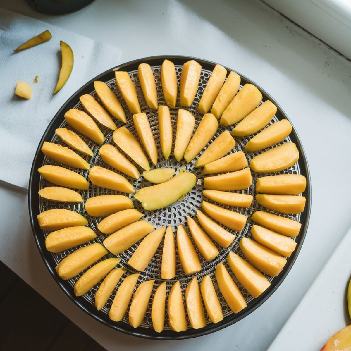 Evenly sliced mango pieces arranged on a round dehydrator tray, placed on a white kitchen counter with a few mango scraps nearby.