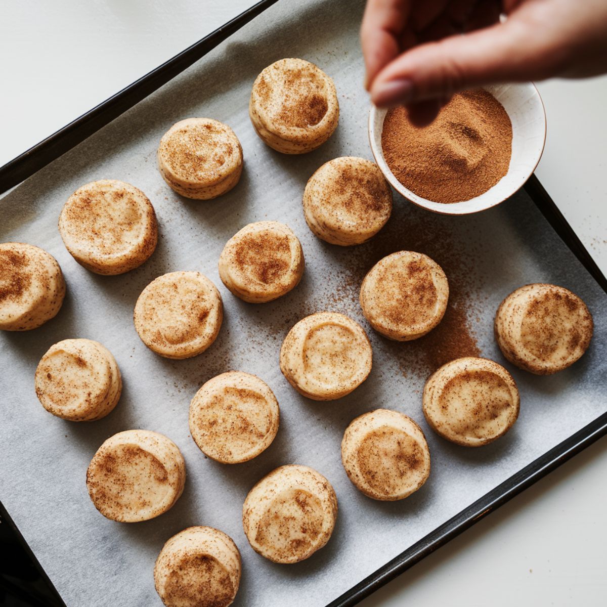 Snickerdoodle cookie dough balls on a parchment-lined baking sheet, with a hand sprinkling cinnamon-sugar on top.