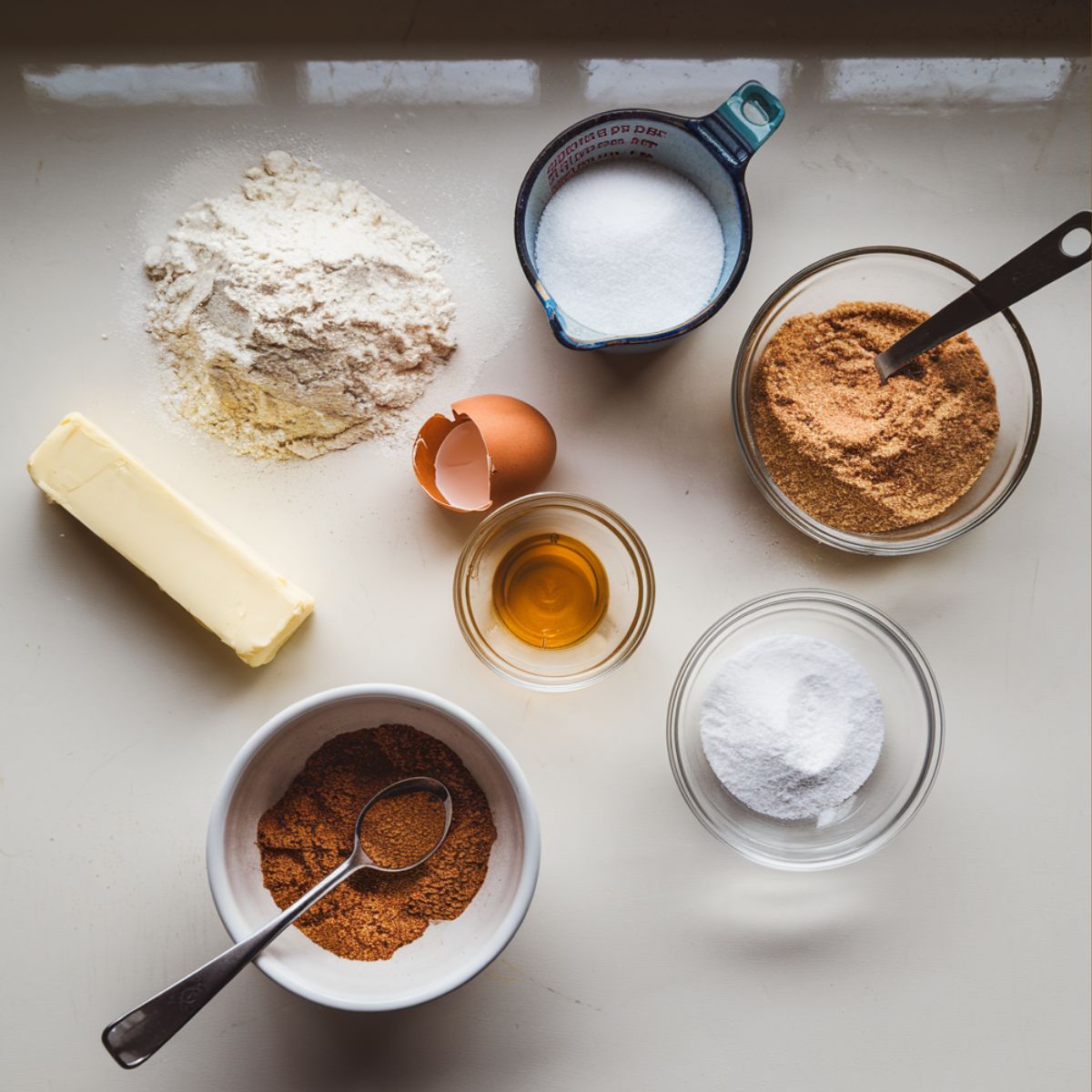 Top-down view of Snickerdoodle Recipe Without Cream of Tartar ingredients on a white kitchen counter, including flour, butter, sugar, eggs, and cinnamon-sugar in small bowls.