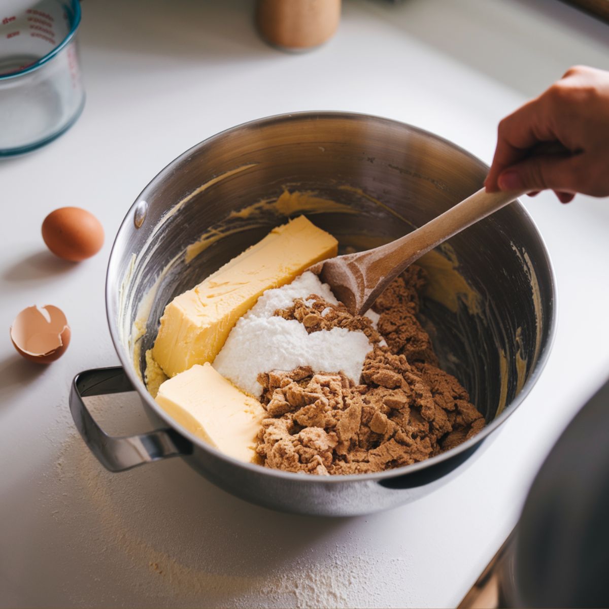 A bowl of creamed butter and sugar being mixed with a wooden spoon, with an egg and vanilla nearby on a white kitchen counter