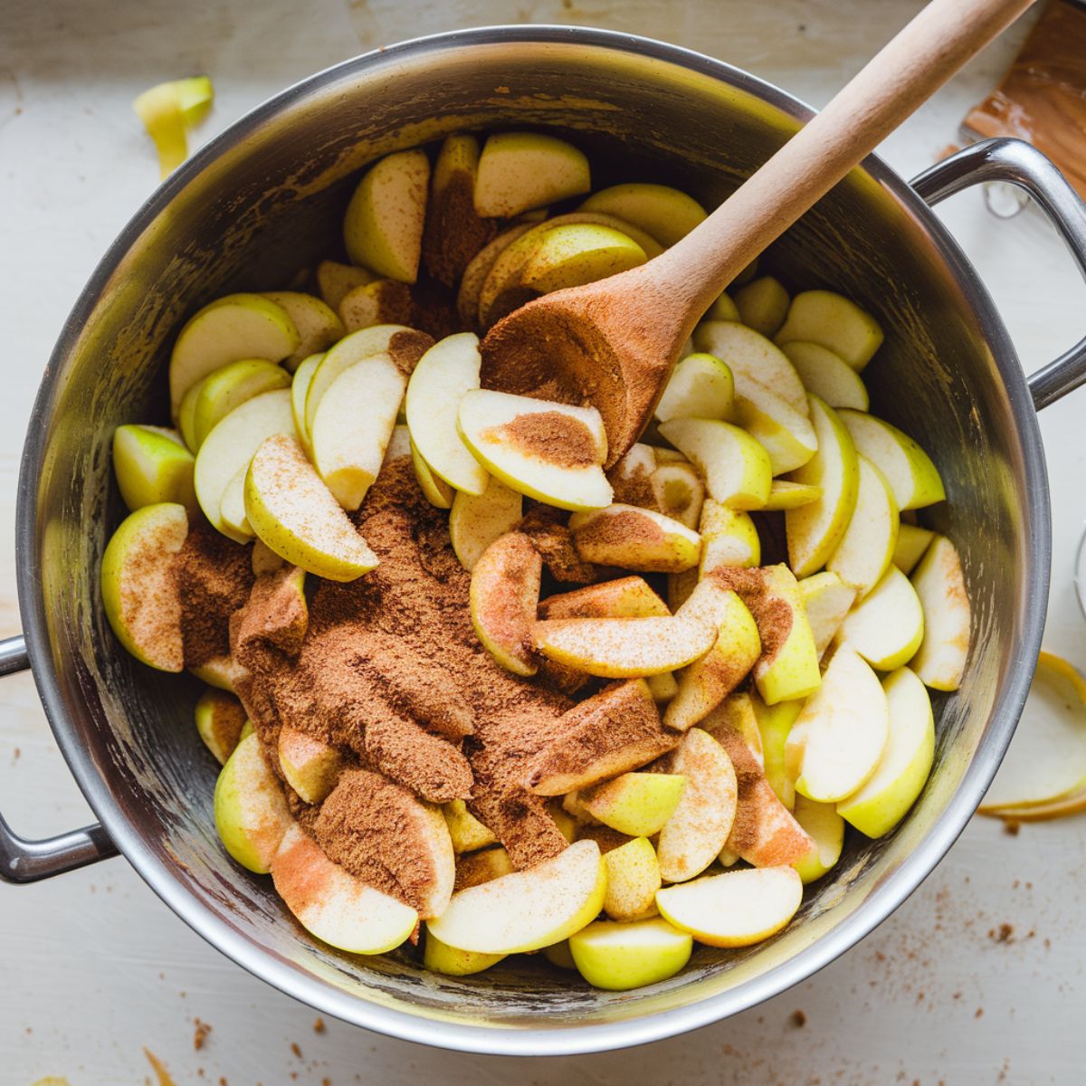 Sliced apples mixed with brown sugar, cinnamon, and nutmeg in a bowl, with a wooden spoon resting inside on a white kitchen counter.