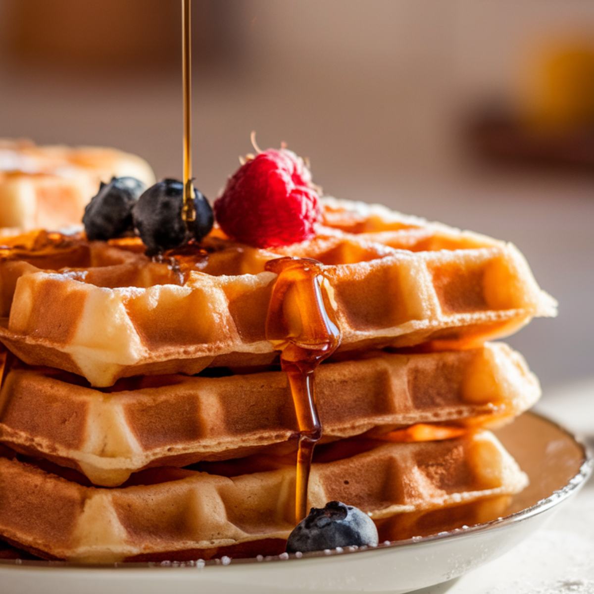 A stack of golden-brown Krusteaz waffles with crisp edges, topped with fresh berries and drizzled with maple syrup. Warm morning light highlights their fluffy texture