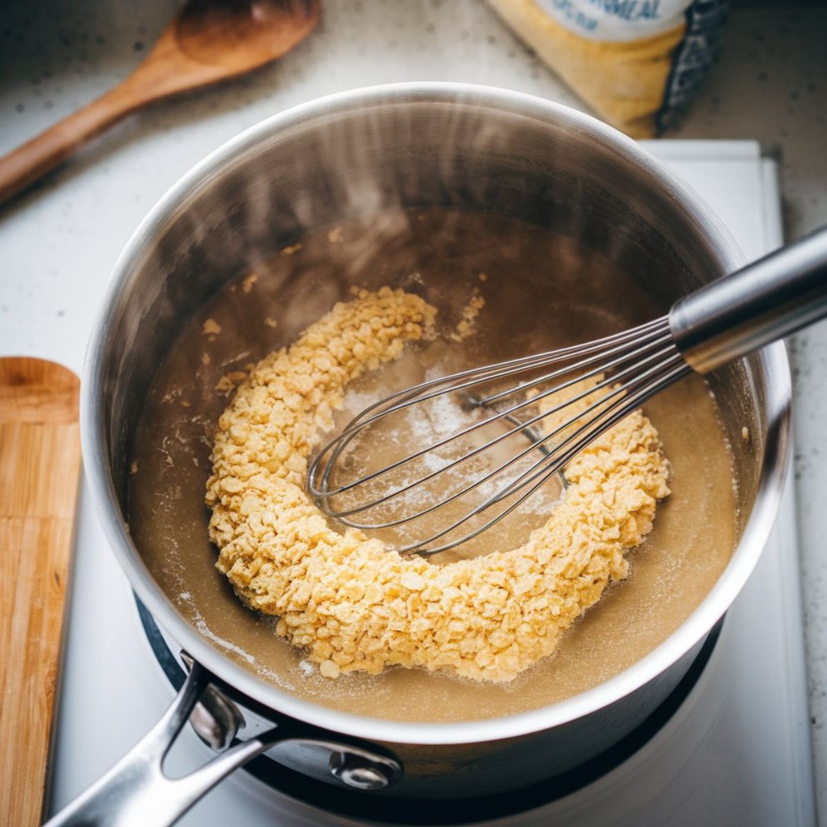 Overhead view of cornmeal being whisked into simmering scrapple stock, thickening the mixture with steam rising.