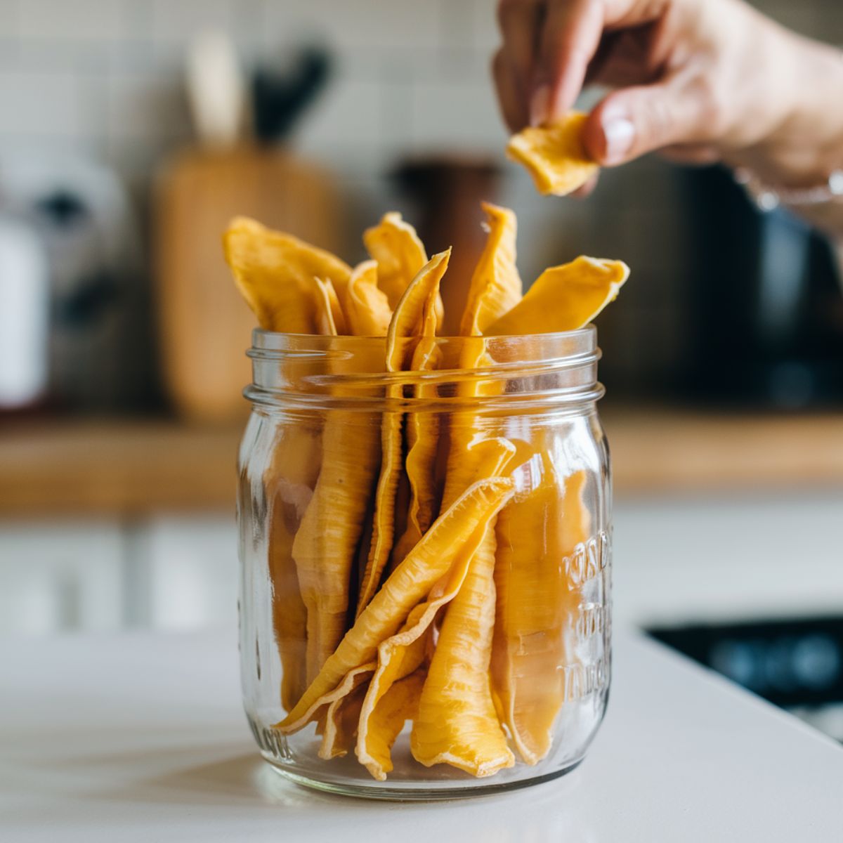 Homemade dehydrated mango slices in a glass jar on a white kitchen counter, with a hand reaching for a piece, and blurred kitchen items in the background.