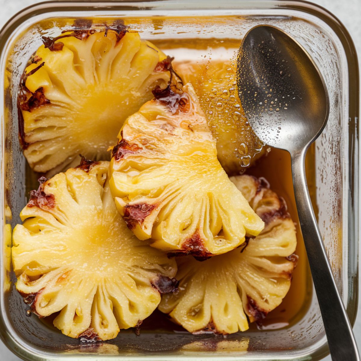 Leftover caramelized pineapple in a glass container with light condensation, ready for refrigeration.