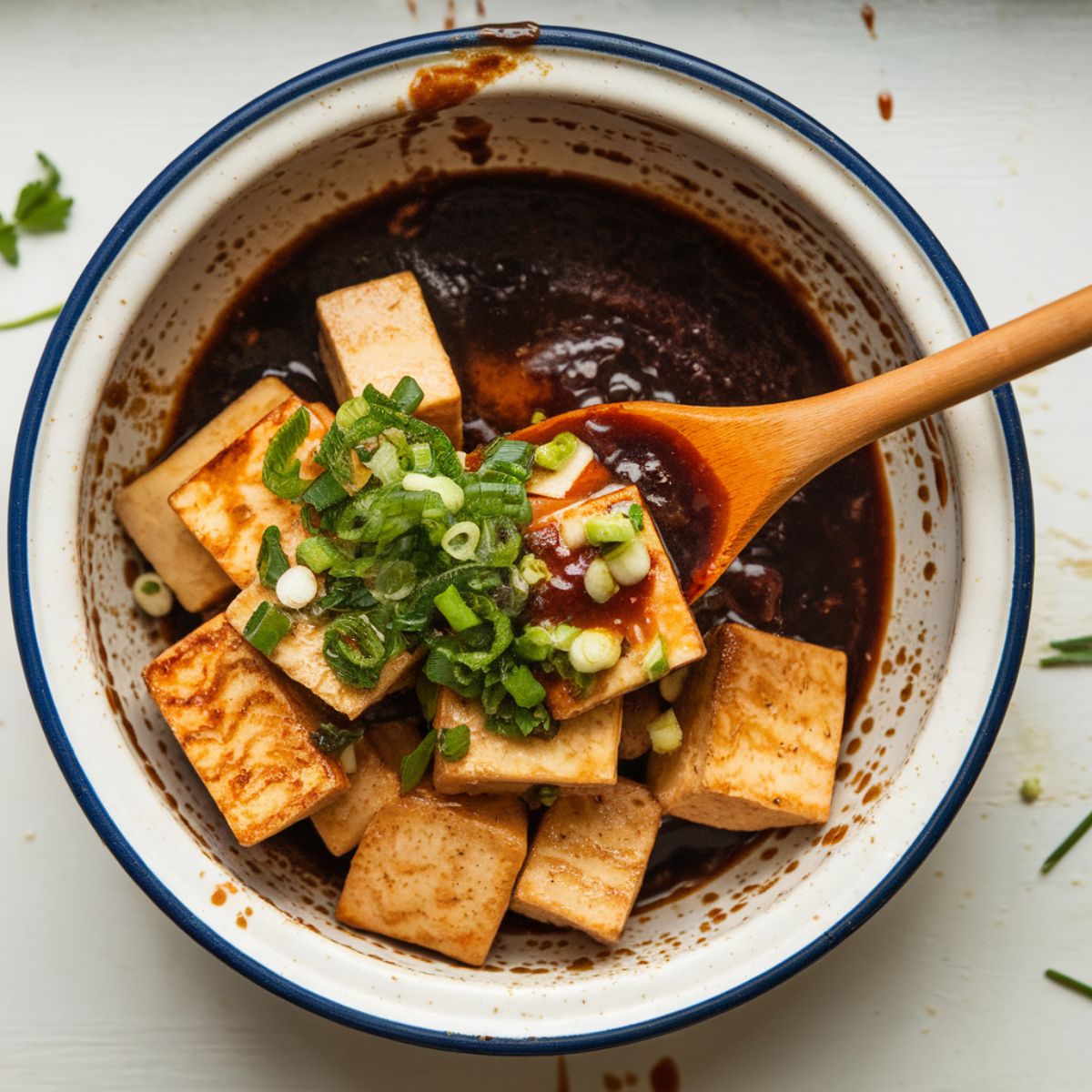 olden fried tauhu in a white ceramic bowl being tossed with a rich dark sauce, chopped green onions, and garlic, with a wooden spoon.