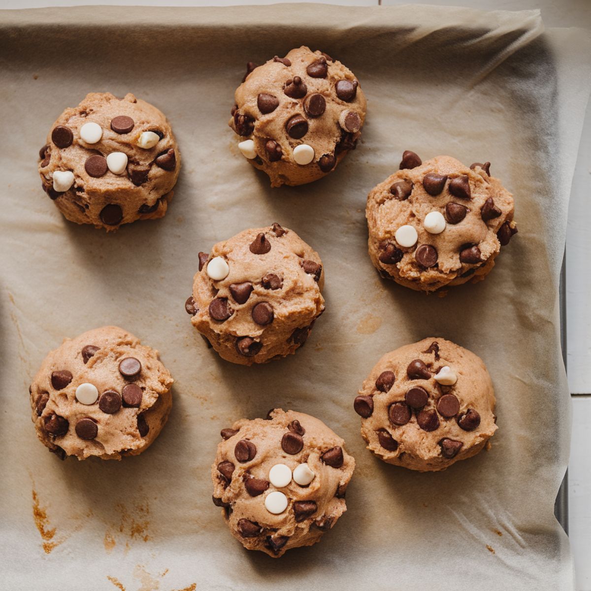 Scooped chocolate chip cookie dough balls on a parchment-lined baking sheet, slightly uneven in shape, ready to be baked.