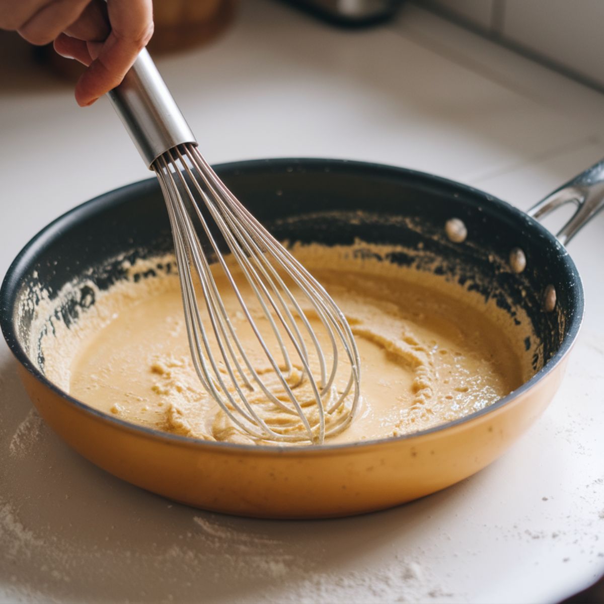 A pan of golden butter-flour roux being whisked smoothly, showing the start of a creamy sauce for creamed chicken over rice.