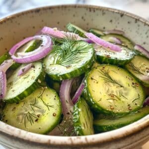 close up of a homemade cucumber salad with red onions and dill in a rustic bowl on a white kitchen counter. Casual, fresh, and unfussy.