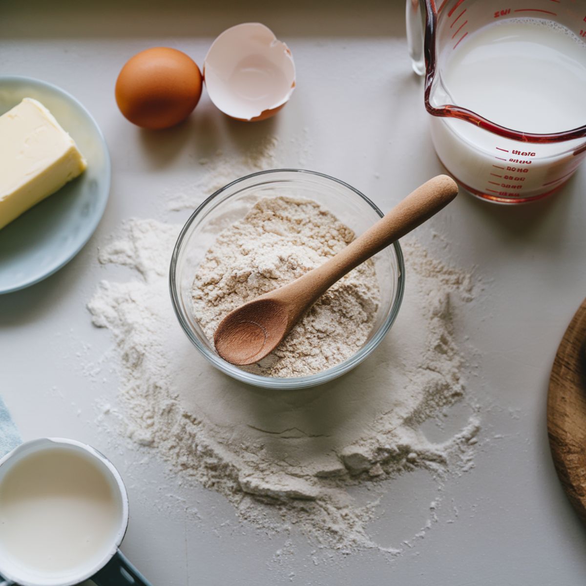 A top-down shot of gluten free vanilla cake ingredients, including flour blend, eggs, butter, and milk, on a white kitchen counter.