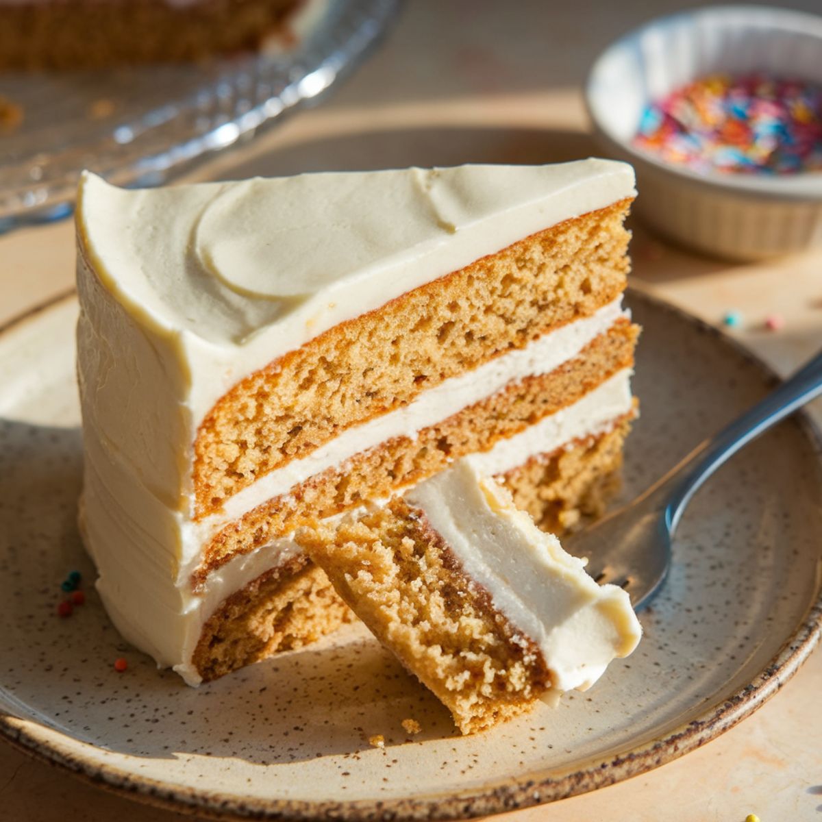 A moist, homemade gluten free vanilla cake Slice with creamy white frosting, crumbs on a white plate, and a fork holding a bite.