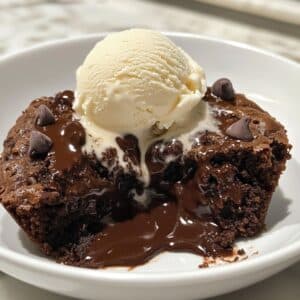 A homemade slow cooker lava cake with a molten chocolate center, topped with melting vanilla ice cream, on a white plate over a kitchen counter.