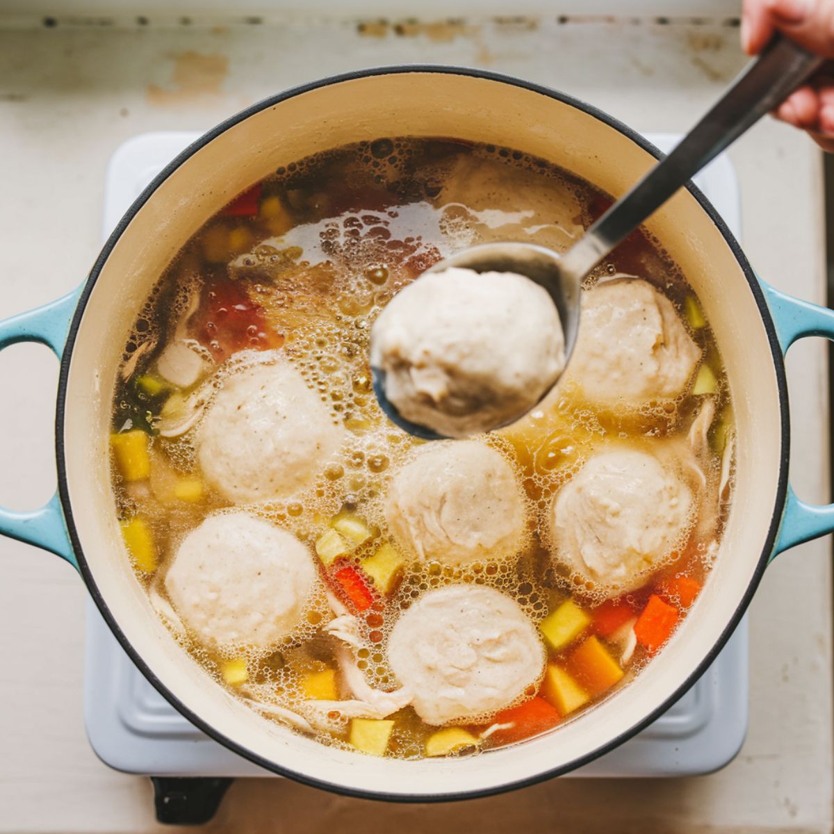 A spoon dropping Bisquick dumpling dough into a simmering pot of chicken and vegetable broth