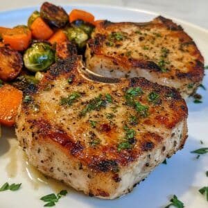 Air fryer pork chops with roasted vegetables like carrots and Brussels sprouts, served on a white plate. Fresh parsley and thyme garnish.