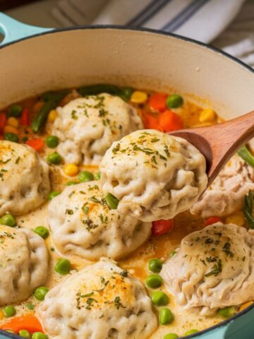 A homemade pot of Bisquick chicken and dumplings with fluffy herb-speckled dumplings in a rich, golden broth, filled with chicken and vegetables. A spoon lifts one dumpling, showing its soft texture.