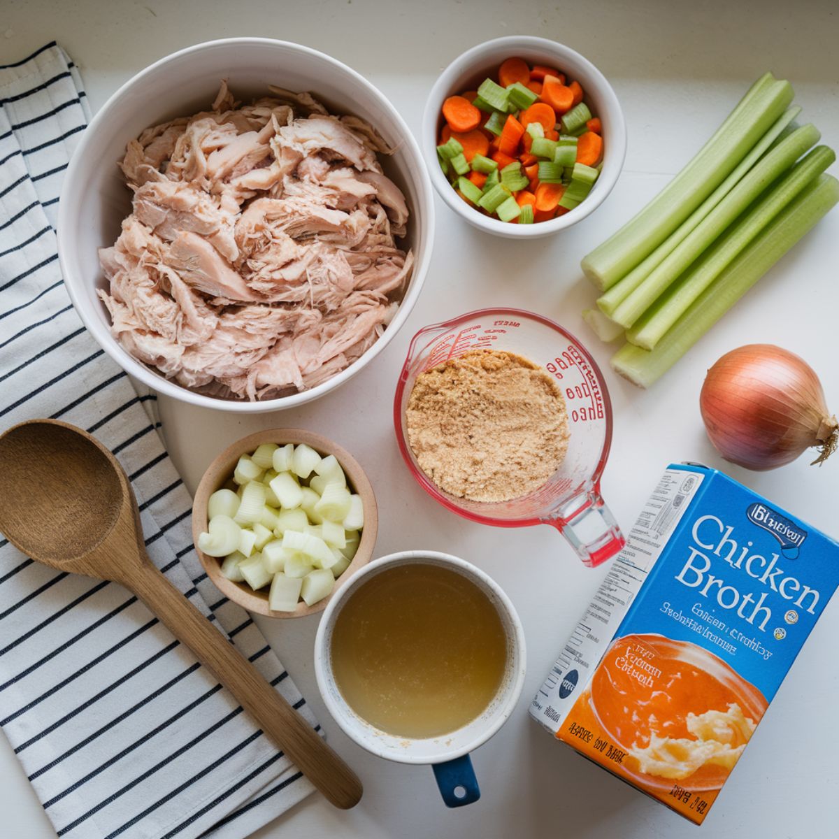 Ingredients for Bisquick chicken and dumplings on a white kitchen counter, including chicken, Bisquick, veggies, and broth.