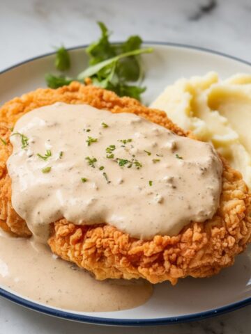 A crispy, golden chicken fried steak topped with creamy pepper gravy, served with mashed potatoes on a white plate. Homemade and slightly rustic.