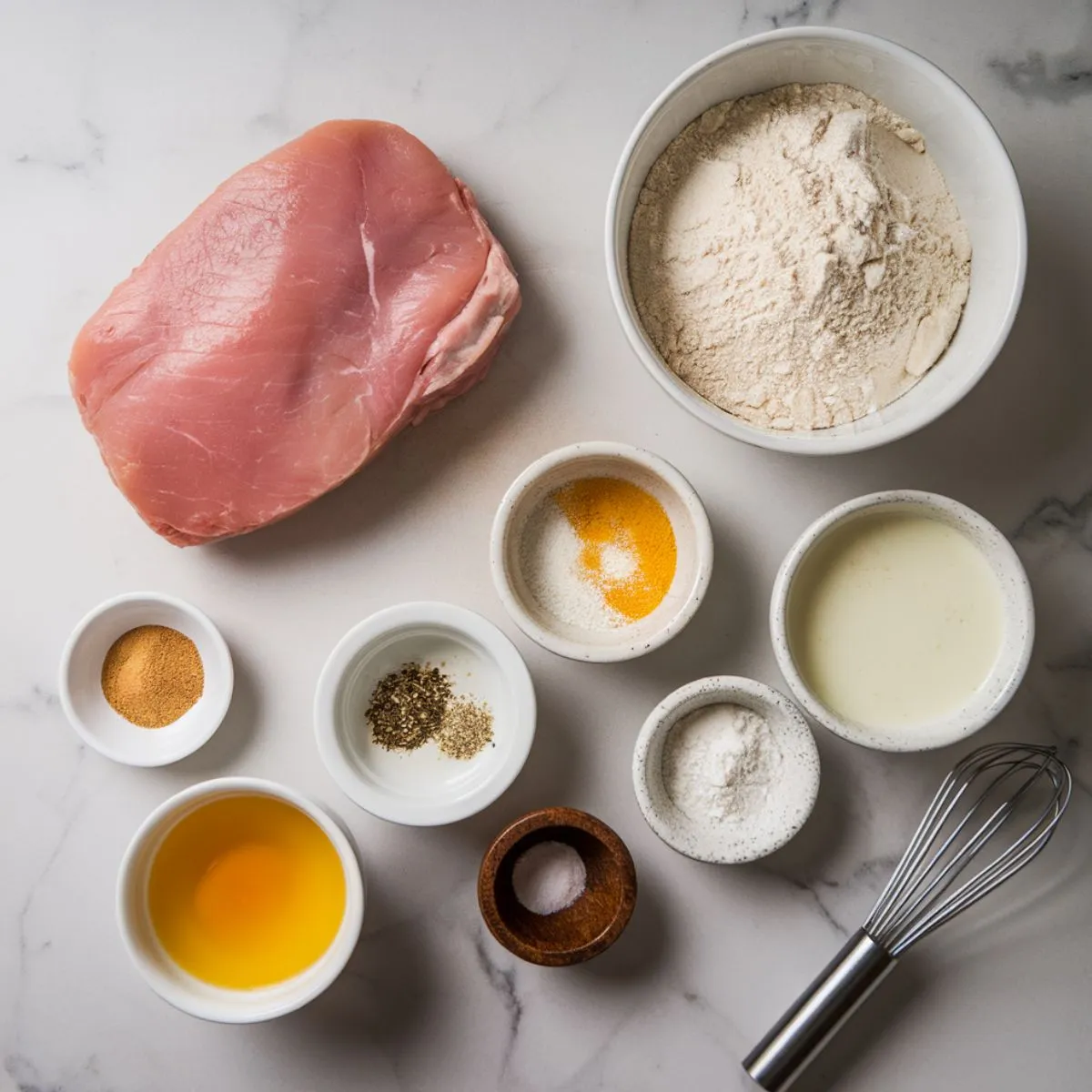 Raw ingredients for chicken fried steak, including cube steak, flour, eggs, buttermilk, and spices, arranged casually on a white kitchen counter.