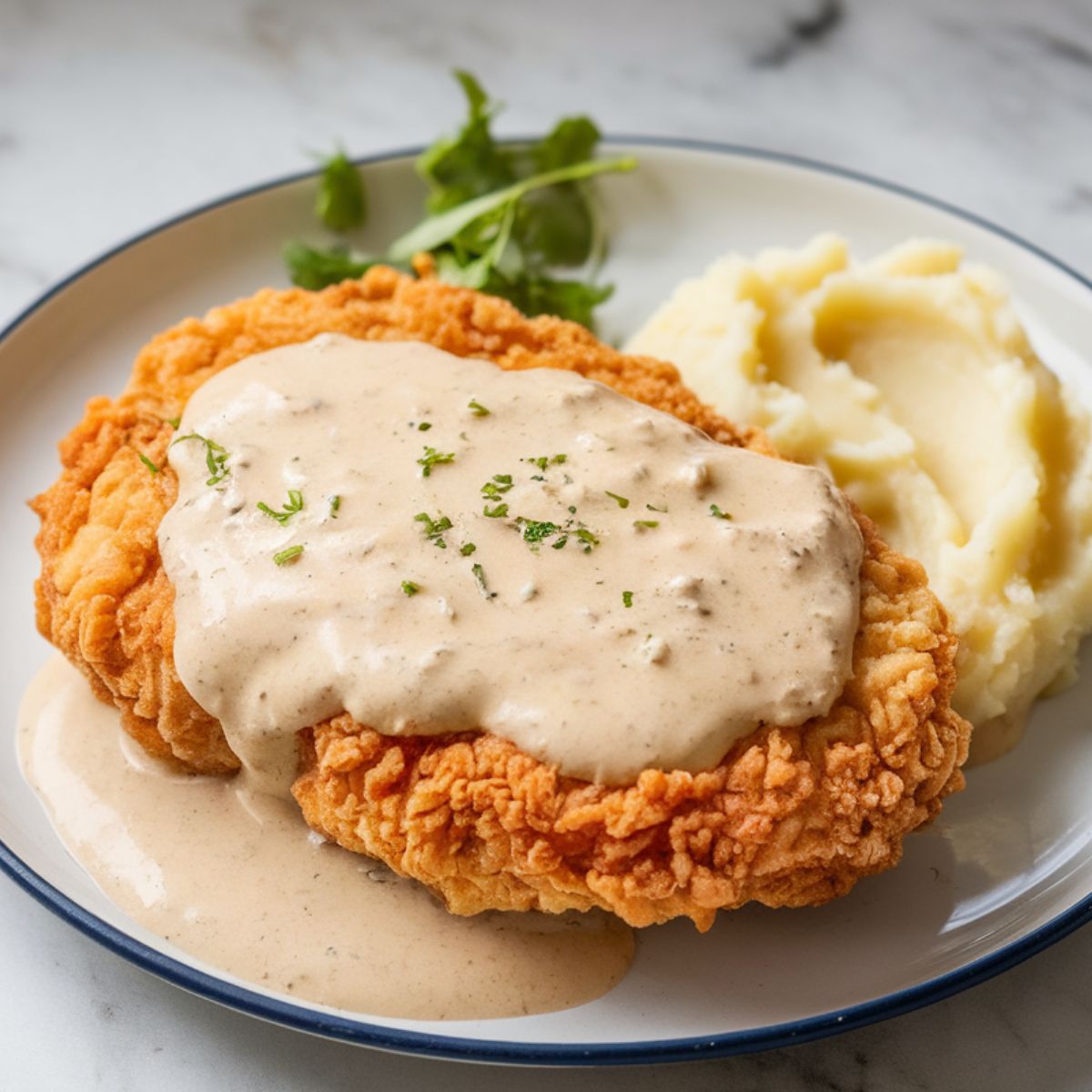 A crispy, golden chicken fried steak topped with creamy pepper gravy, served with mashed potatoes on a white plate. Homemade and slightly rustic.