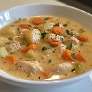 Overhead view of creamy chicken potato soup with visible chunks of chicken, potatoes, and carrots. Glossy, golden broth with fresh herbs on top, served with crusty bread on a white counter.