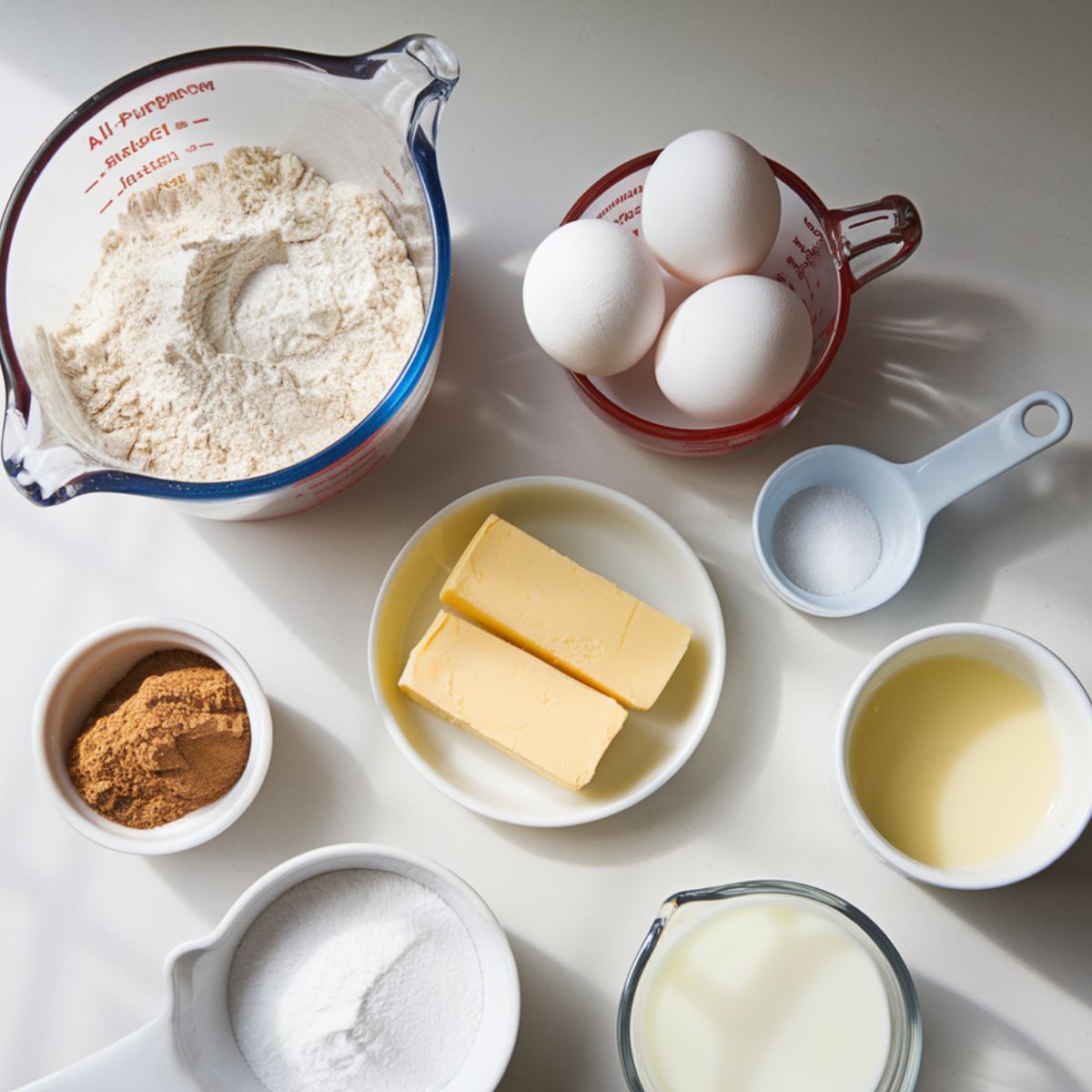 Ingredients for homemade cinnamon roll muffins spread on a kitchen counter, including flour, butter, eggs, and cinnamon.