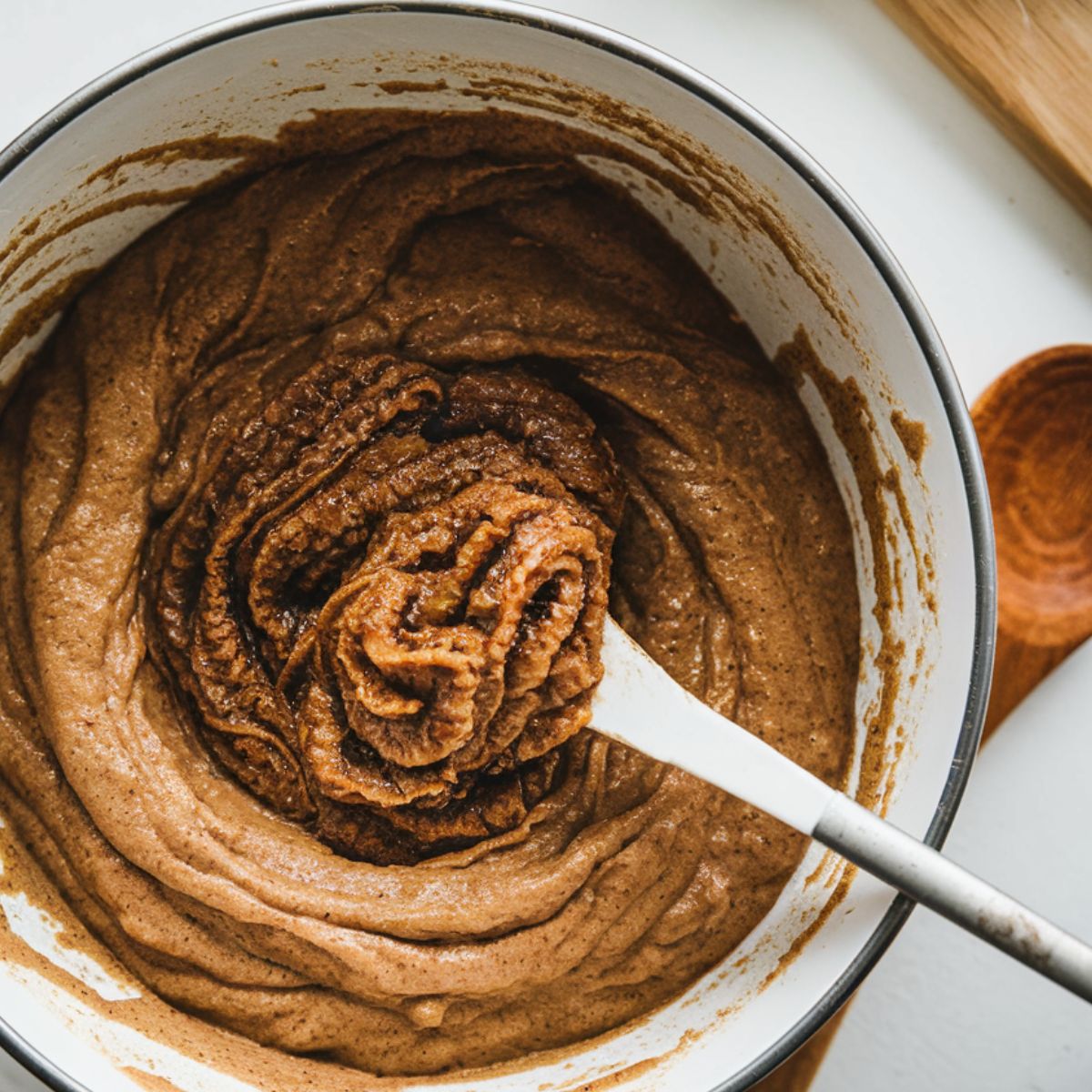 A bowl of cinnamon muffin batter with a swirl of cinnamon-sugar mixture being mixed in