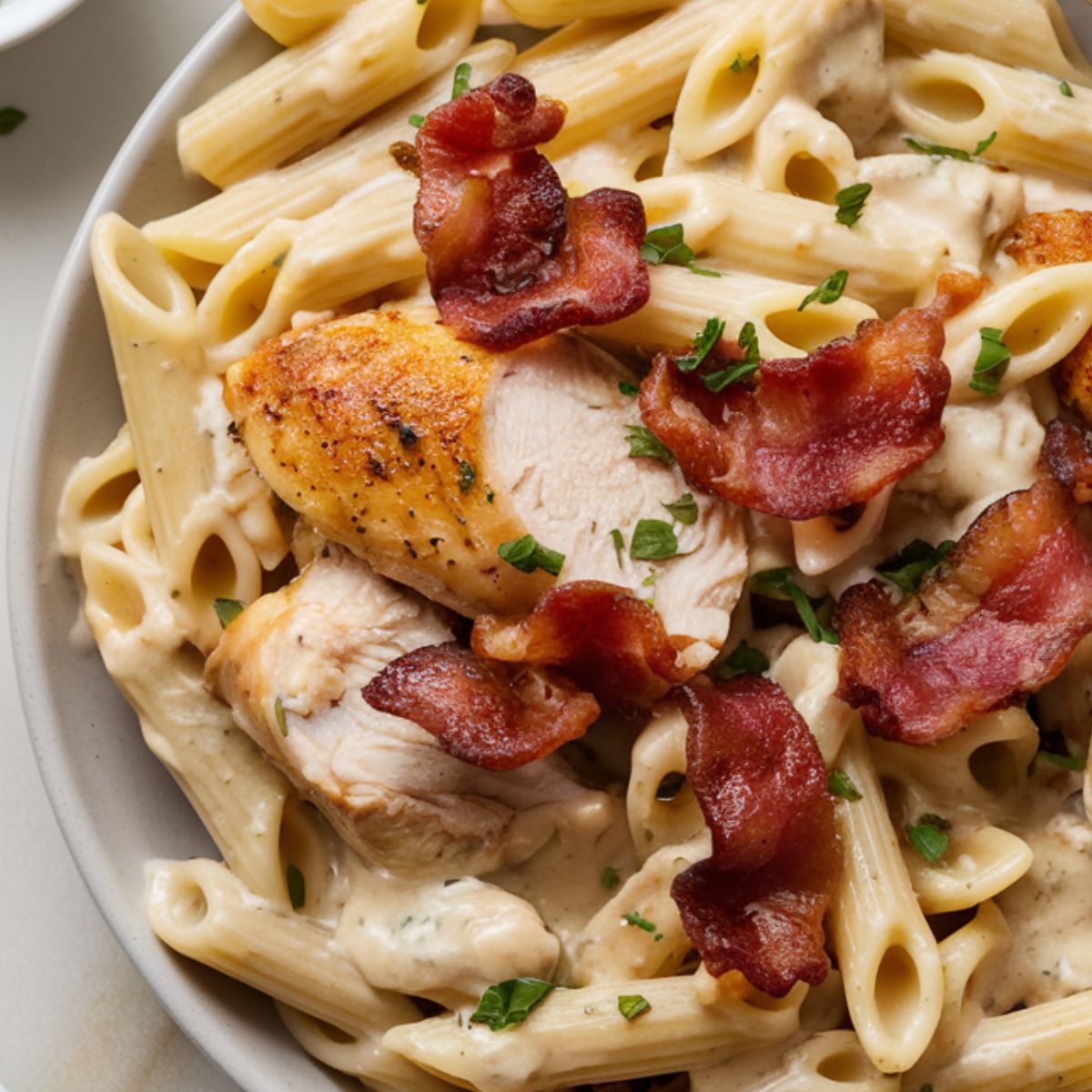 creamy Crack Chicken Penne pasta, topped with crispy bacon and chopped parsley.