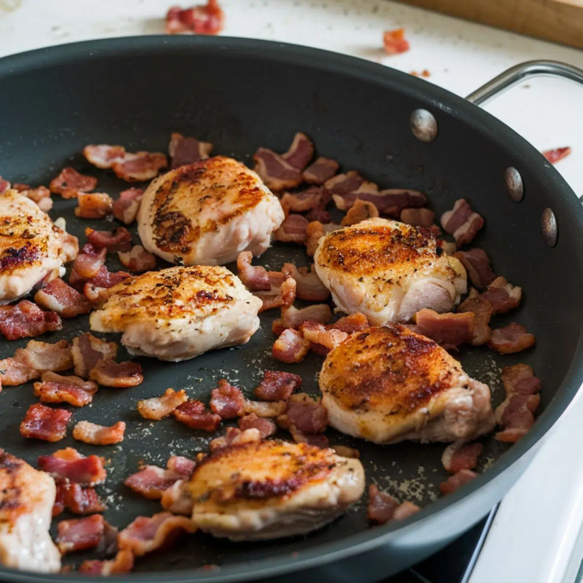 Chicken and bacon sizzling in a pan, cooked in bacon fat for extra flavor.