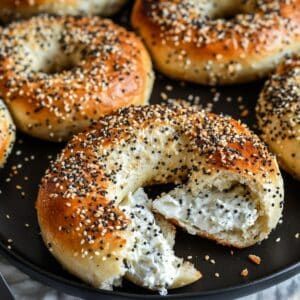 Golden homemade cottage cheese bagels with everything seasoning, one sliced with herb cream cheese. Crumbs and a knife rest on a parchment-lined counter.