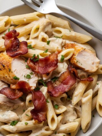 A plate of creamy Crack Chicken Penne pasta, topped with crispy bacon and chopped parsley. The dish is served on a white plate with a fork resting on the side.