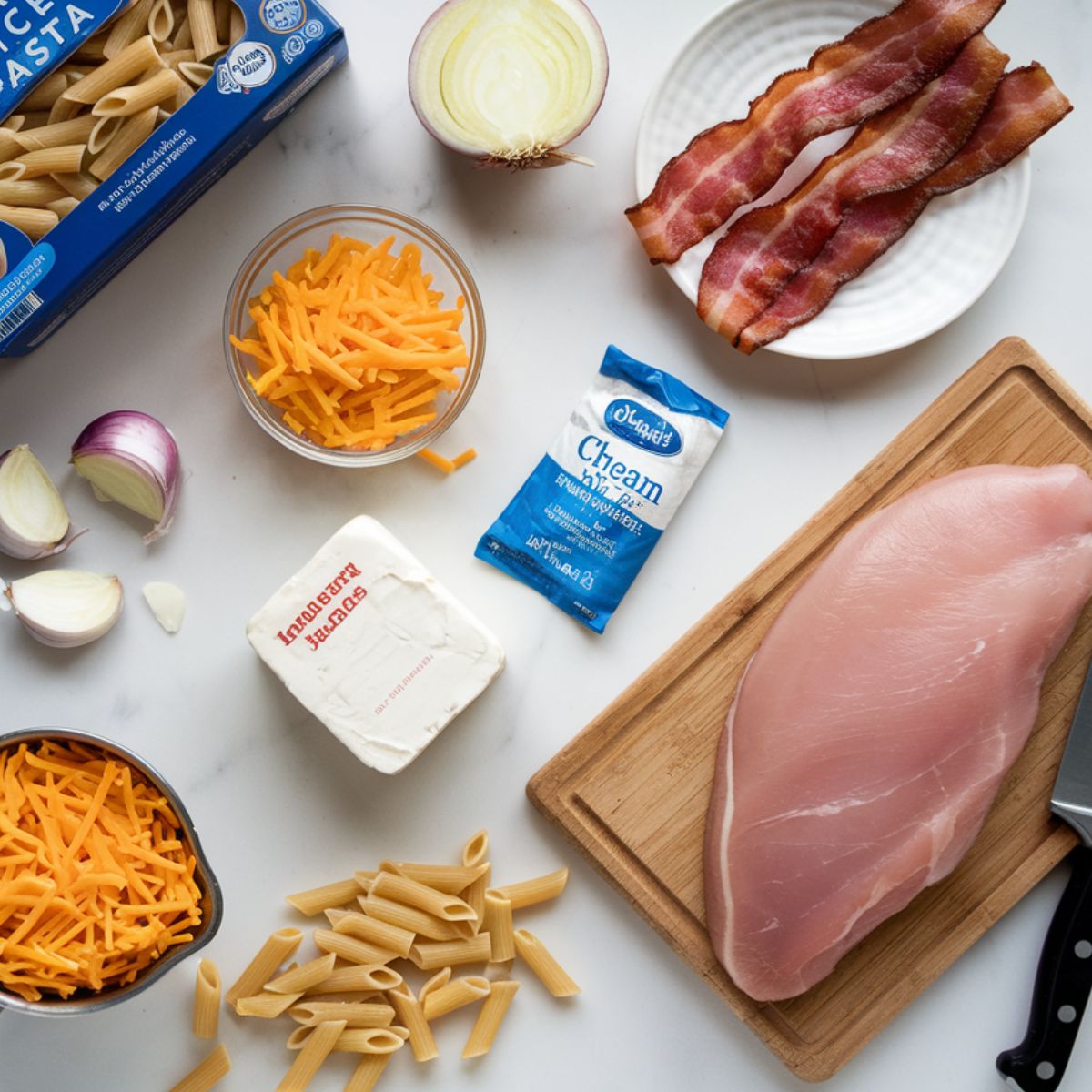 Ingredients for Crack Chicken Penne, including pasta, chicken, bacon, cheese, and seasonings, arranged on a kitchen counter.