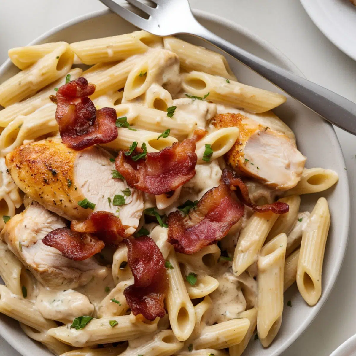 A plate of creamy Crack Chicken Penne pasta, topped with crispy bacon and chopped parsley. The dish is served on a white plate with a fork resting on the side.