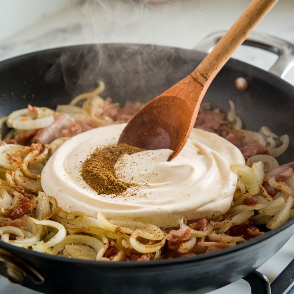 A skillet with sautéed onions, garlic, ranch seasoning, and melting cream cheese stirred into a creamy sauce.